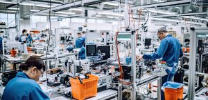 Bright and airy factory, a diverse group of workers collaborates around a high-tech assembly line. Bright and airy factory, a diverse group of workers collaborates around a high-tech assembly line. rafting components for renewable energy systems.